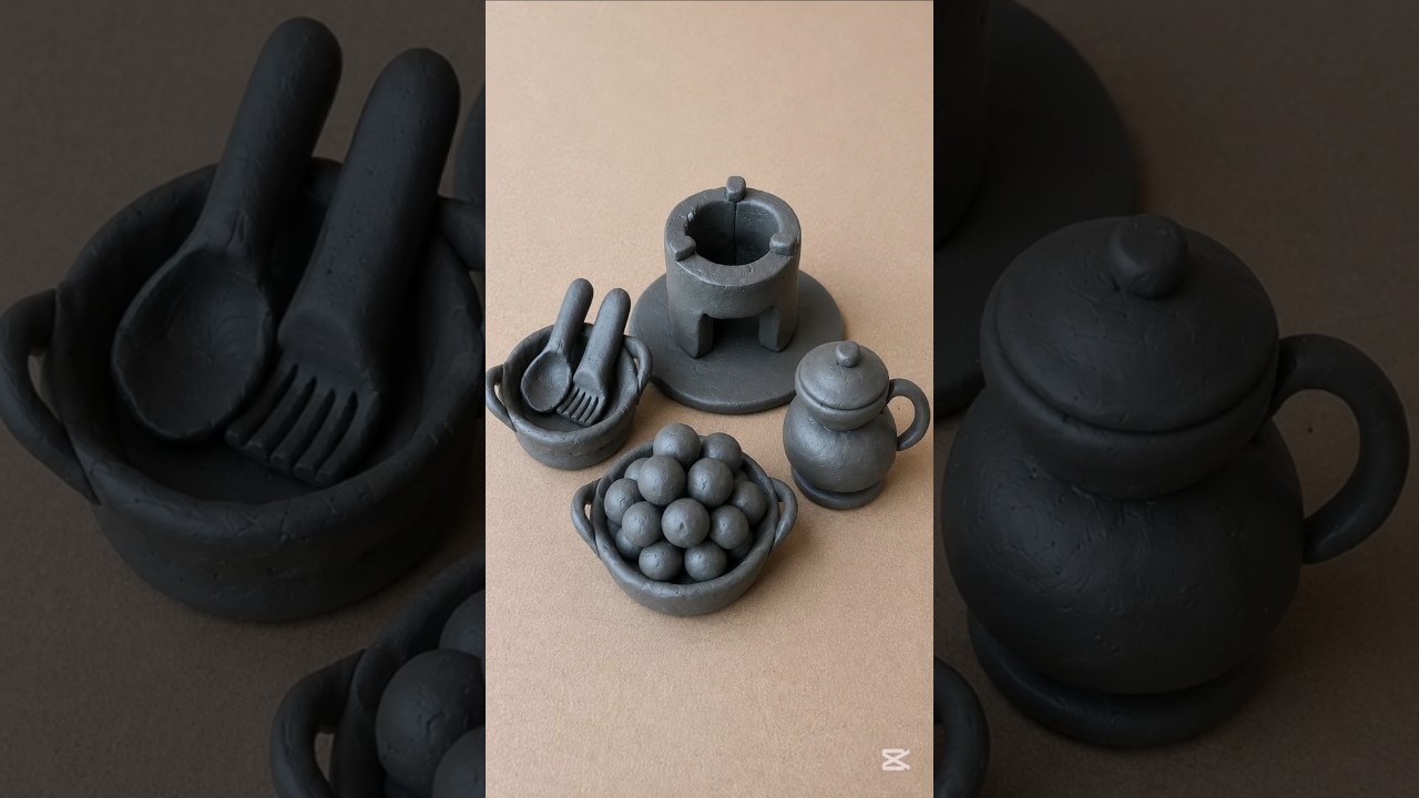 Tiny Clay Kitchen Set Handmade | Miniature Cooking Tools & Food