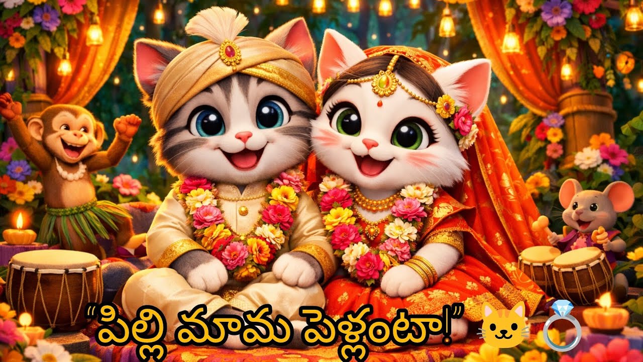 Pilli Mama Pellanta 🐱💖 | Telugu Rhymes for Kids | పిల్లి మామ పెళ్లంటా 🐱💍 | Cute Animal Wedding...