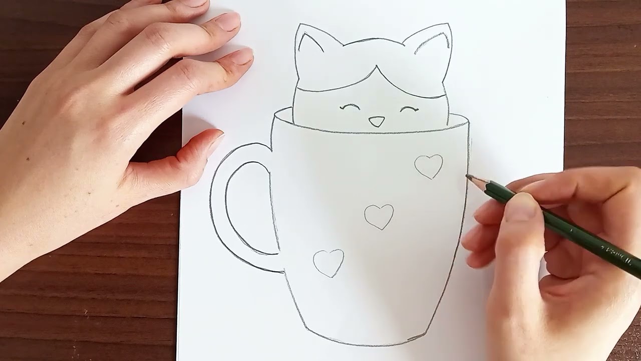 Easy Cute Kitten Drawing 🐱☕ | Simple Pencil Art Idea