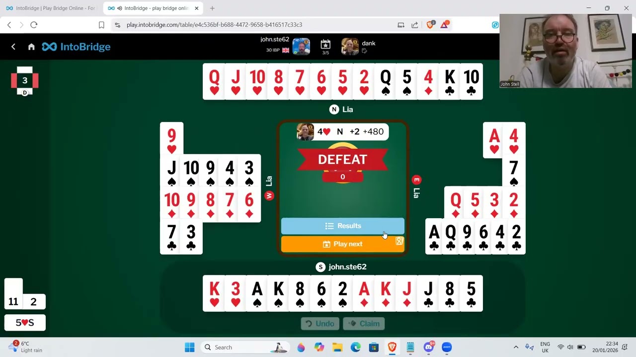 5 hands against a top bridge player Daniel Korbel - 20th January 2026