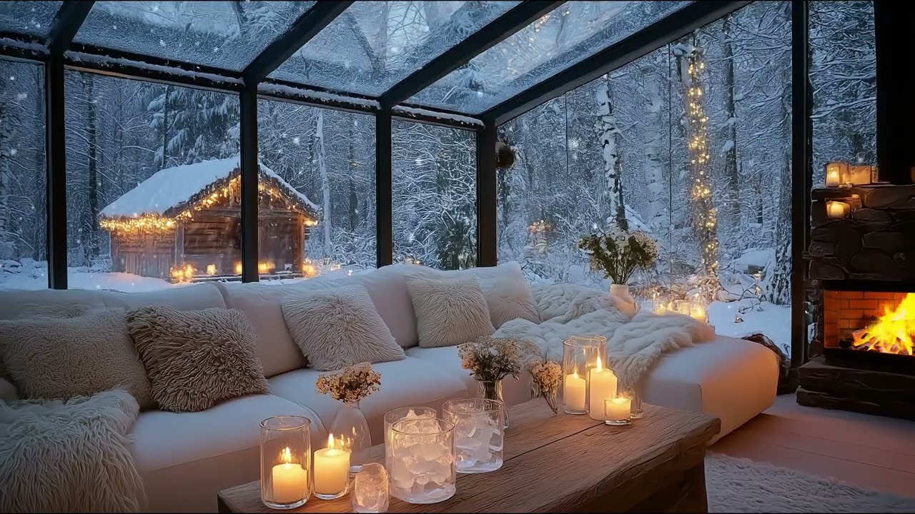 🎹❄️ Cozy White Lounge Piano | Fireplace Warmth & Falling Snow | Relax Focus Study Stress Relief (3H)