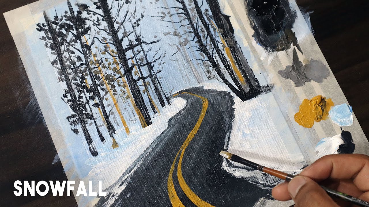 Forest Road during Winter Season | Winter Season Painting | Step By Step | Easy Painting Ideas