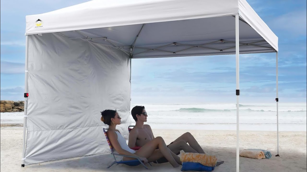 CROWN SHADES 10x10 Pop Up Canopy with 1 Side Wall - Beach Tent with One Push Setup