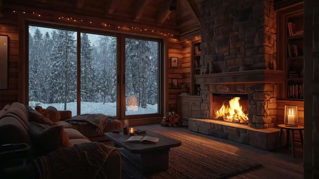 Snowstorm Cabin Living Room | Cozy Fireplace Glow & Winter Night Ambience