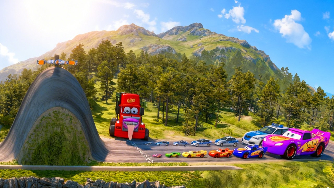 Big & Small McQueen & Police Car vs Zombie Mack, Giant Bulge & Spinner Downhill Race – BeamNG.drive