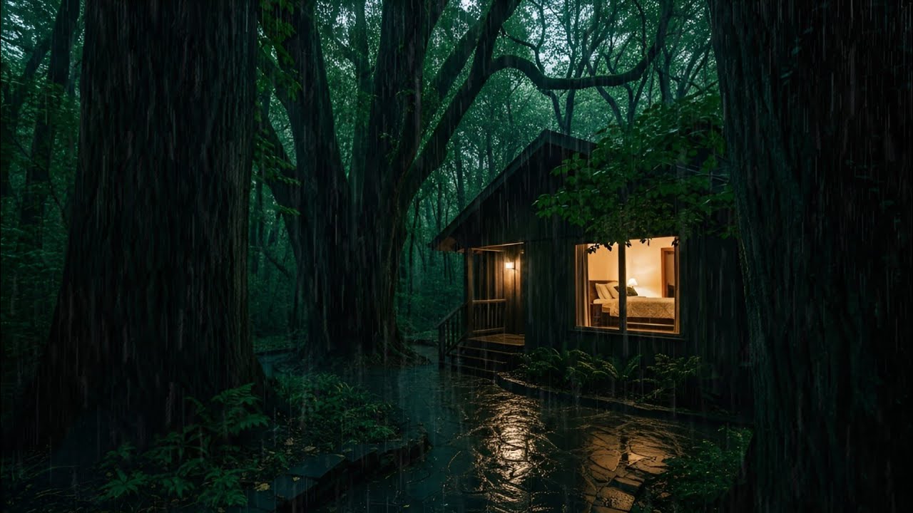 Rain Sounds Outside a Cozy Forest Cabin at Night | Deep Relaxing Ambience 006