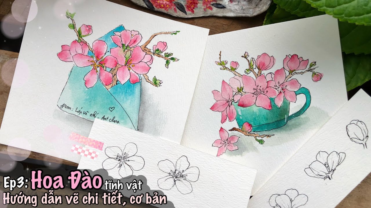 5 ý tưởng vẽ tranh hoa đào l Ep3: tranh Hoa tĩnh vật l Hướng dẫn vẽ màu nước cơ bản cho người mới.
