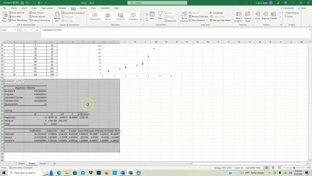 Quadratic regression in Excel