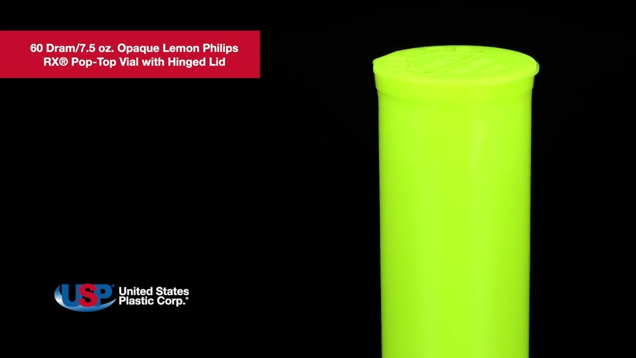 60 Dram Opaque Lemon Philips RX&reg; Pop-Top Vial with Hinged Lid | U.S. Plastic Corporation&reg;