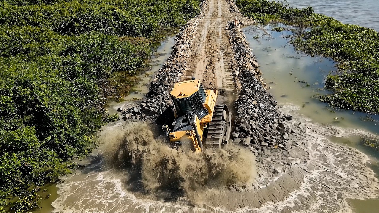 Heavy Equipment in Action | Bulldozer Filling Water with Stone & Dump Truck Unloading