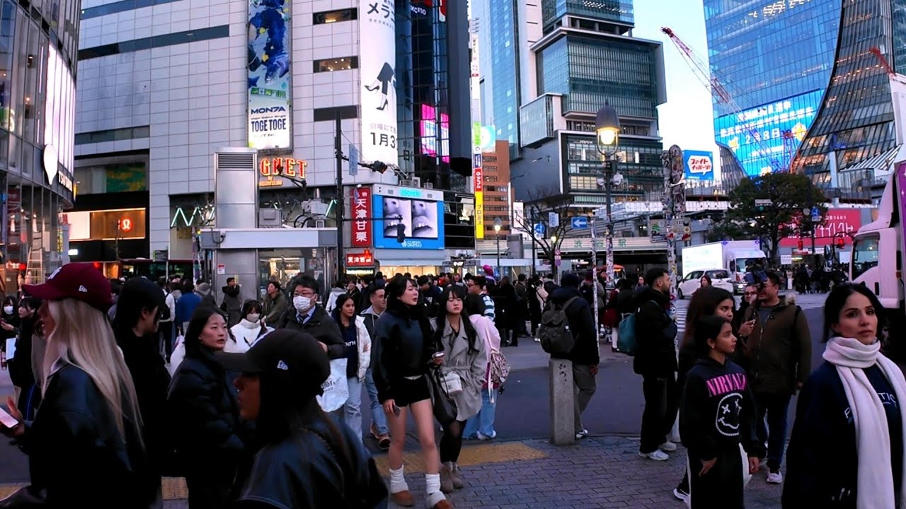 Shibuya walking tour in the evening. Tokyo, Japan. 