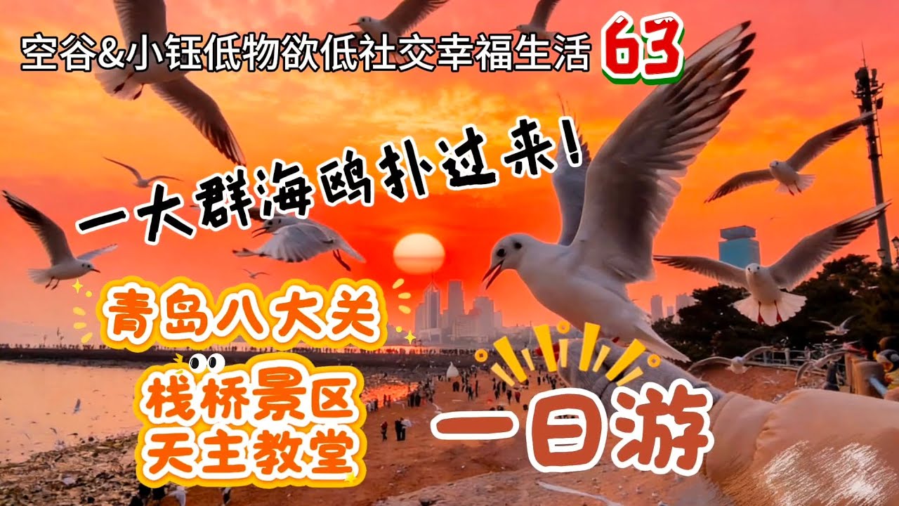 空谷&小钰低物欲低社交幸福生活63：一大群海鸥遮天蔽海扑向我们！青岛八大关和栈桥景区一日游｜天主教堂｜夫妻出行【空谷逍遥人生】