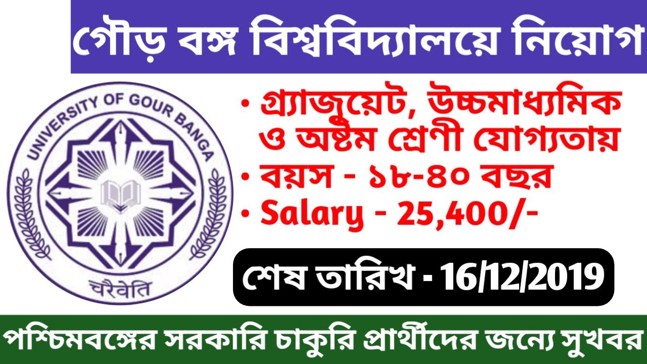 West Bengal Government Job Vacancy News 2019 | University Of Gour Banga Recruitment |Education Notes