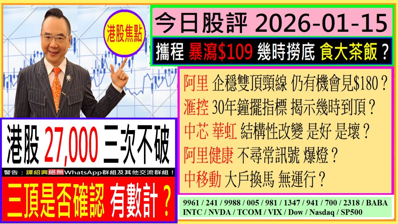 港股三頂 是否確認 有數計？👈/攜程 幾時撈底 食大茶飯？🤑/阿里 仍有機會見$180？🎈/滙控 鐘擺指標 幾時到頂🤔/中芯 華虹 結構性改變 是好是壞？😜/阿里健康 不尋常？😅/2026-01-15