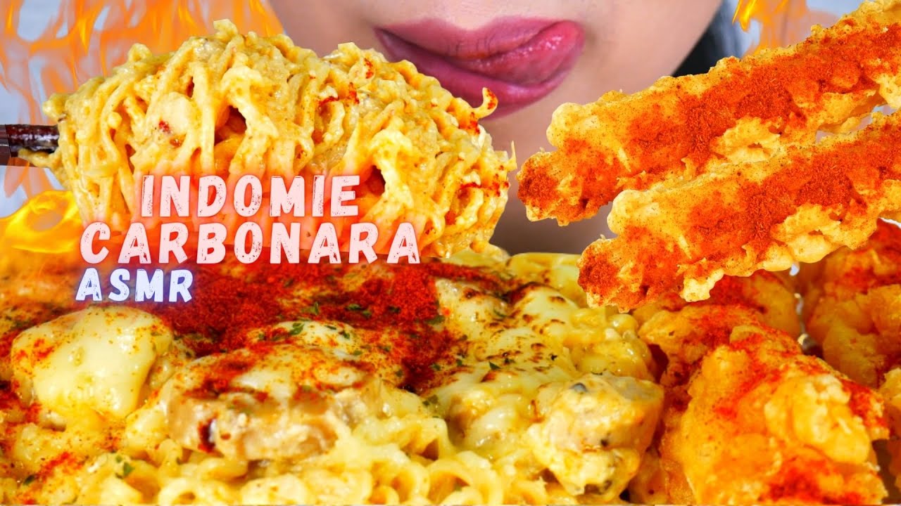 ASMR INDOMIE CARBONARA PEDAS ALA JIMIN LACHIMOLALA🥴😂 + TEMPURA JUMBO