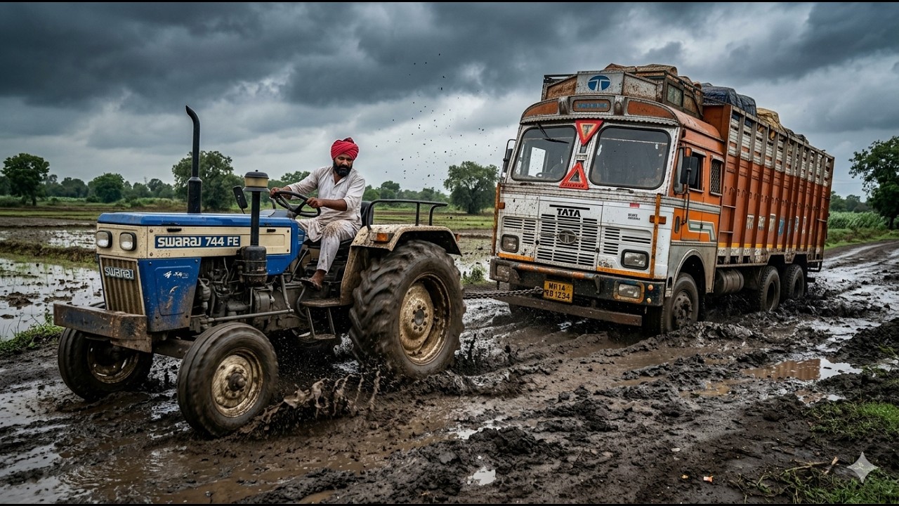 “कीचड़ में धंसा 5 Axle Tata Truck 😨 Swaraj Tractor ने कर दिया कमाल | Tractor Power”