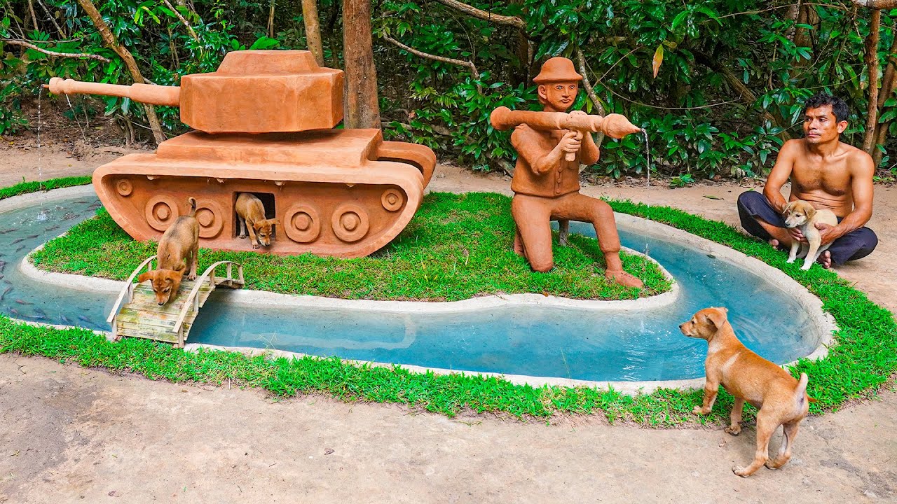 I Built a Clay Tank House for Puppies in the Jungle!