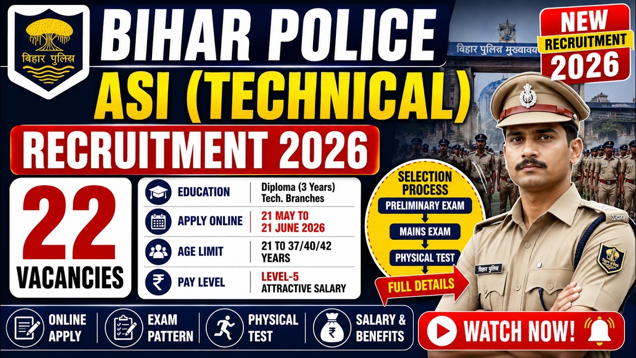 Bihar Police ASI Technical Recruitment 2026 | 22 Vacancies | Apply Online | Full Notification