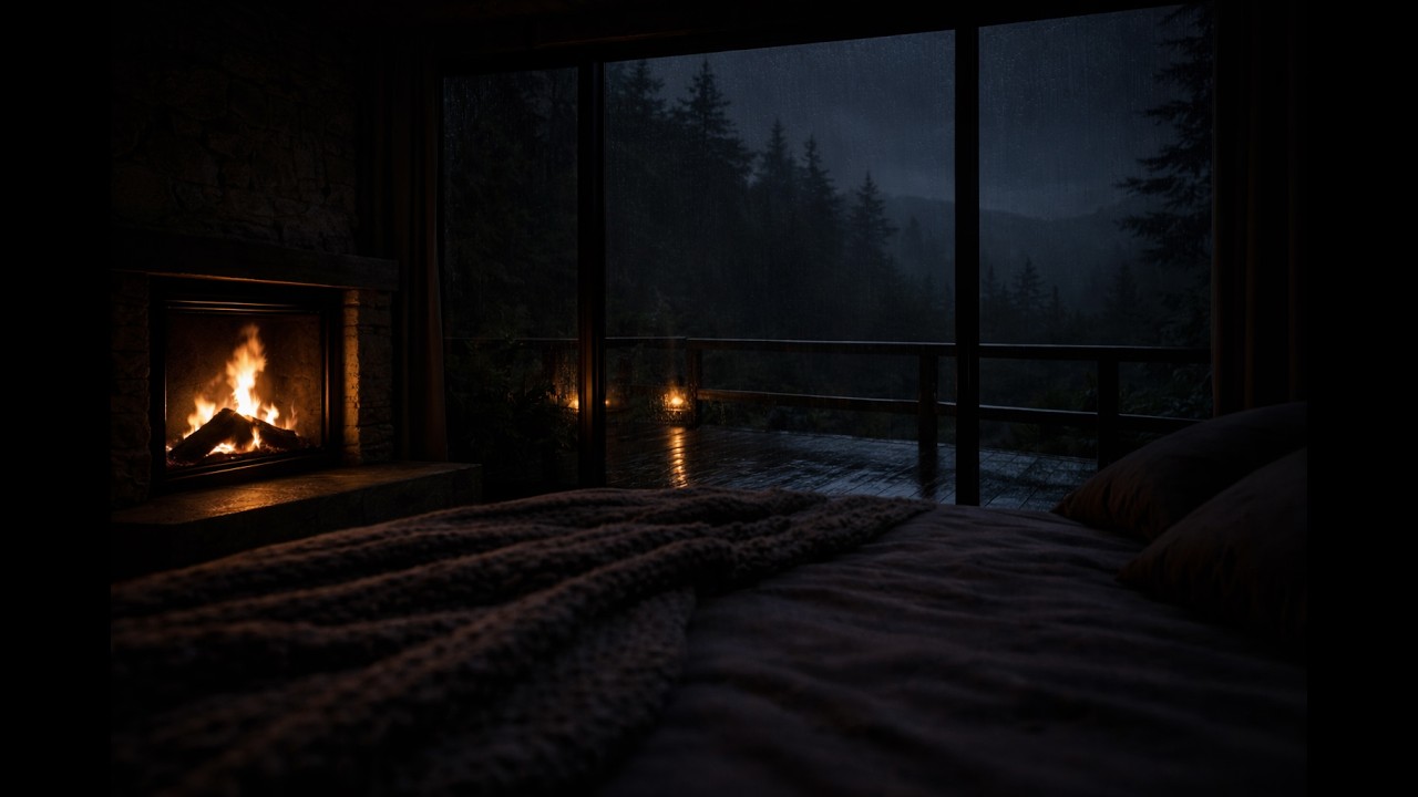 3 Hours Rain Sounds in a Cozy Cabin 🌧️ Fireplace Forest Night