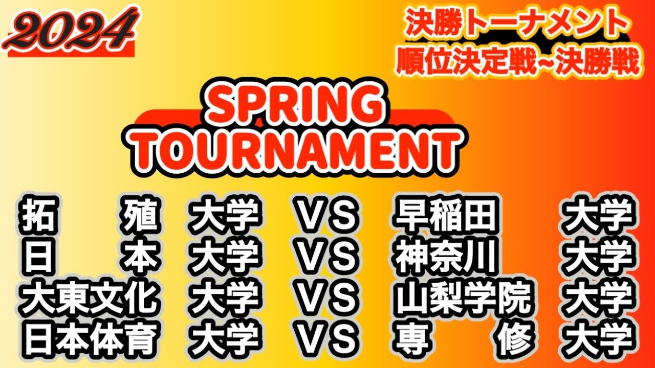 【スプリングトーナメント/2024】拓殖大学vs早稲田大学|日本大学vs神奈川大学| 大東文化大学vs山梨学院大学|日本体育大学vs専修大学［決勝T/順位決定戦/決勝戦/第01~04戦］