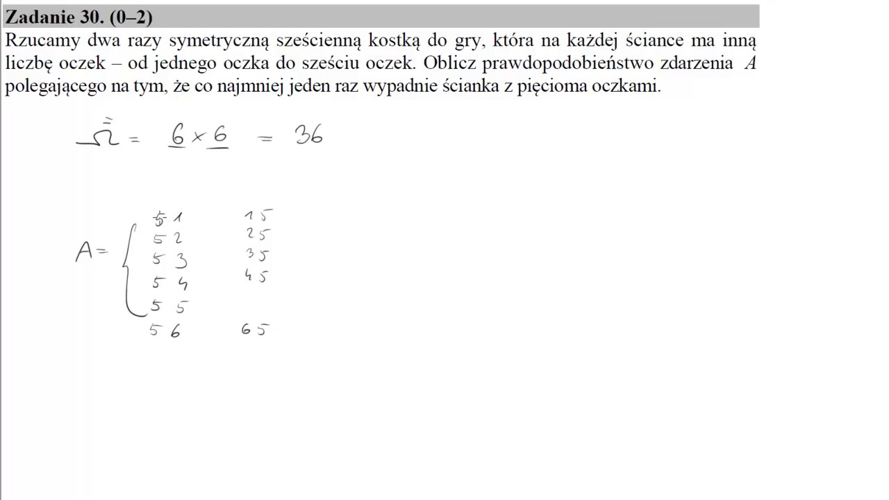 30 Rzucamy dwa razy symetryczną sześcienną kostką do gry, która na każdej ściance ma inną liczbę ocz