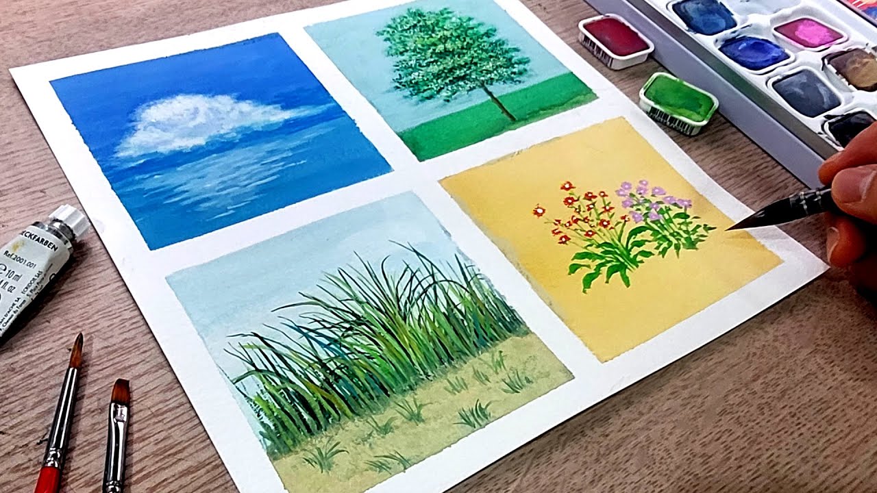 Как легко нарисовать 4 важных материала для пейзажной живописи / Акварель / Гуашь