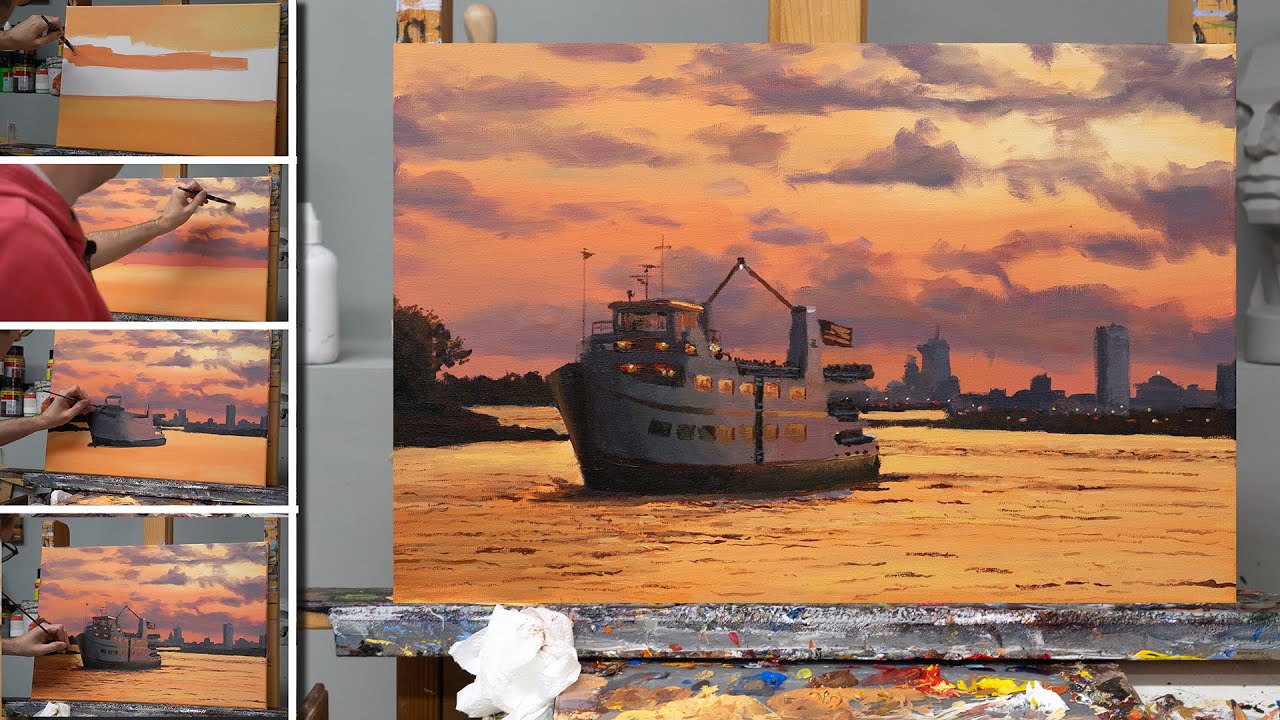 Painting a ferry at sunset with acrylics