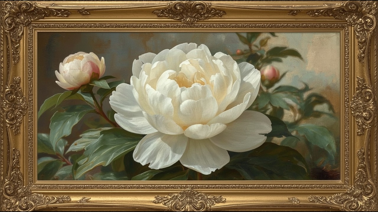 Vintage Nice White Peony Oil Painting | Elegant Gold Frame | Timeless Floral Art| TV Screensaver 4K