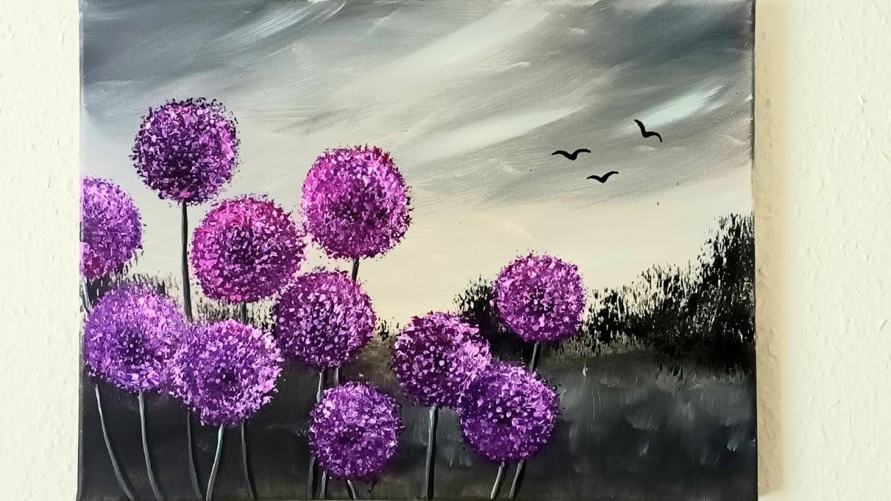Blumen Allium Zierlauch Kugelform Malen Acryl mit Spülbürste und Rasierpinsel leicht für Anfänger