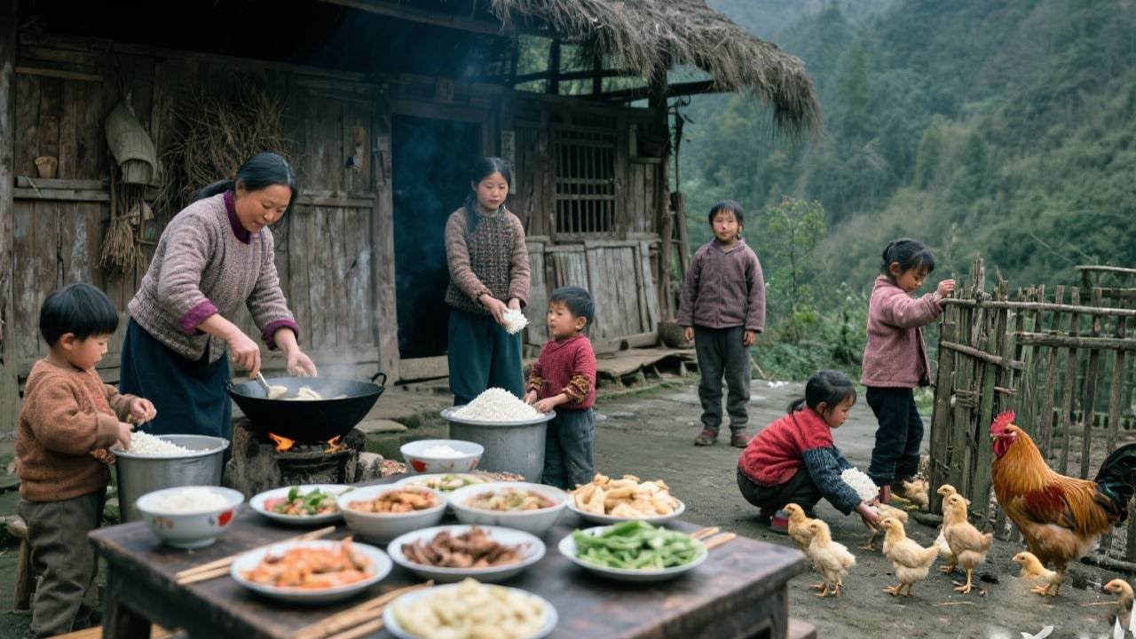 【一家七口隐居深山】远离城市喧嚣，妈妈在家给孩子们做饭，孩子们主动帮妈妈干活，一家人其乐融融！#农村生活#亲子