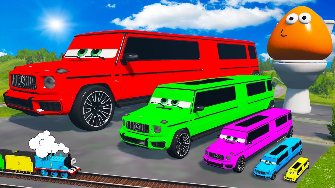 Funny Cars vs Fat Cars | Big & Small Long Red Vizor Mcqueen VS Trains Thomas | BeamNG.drive