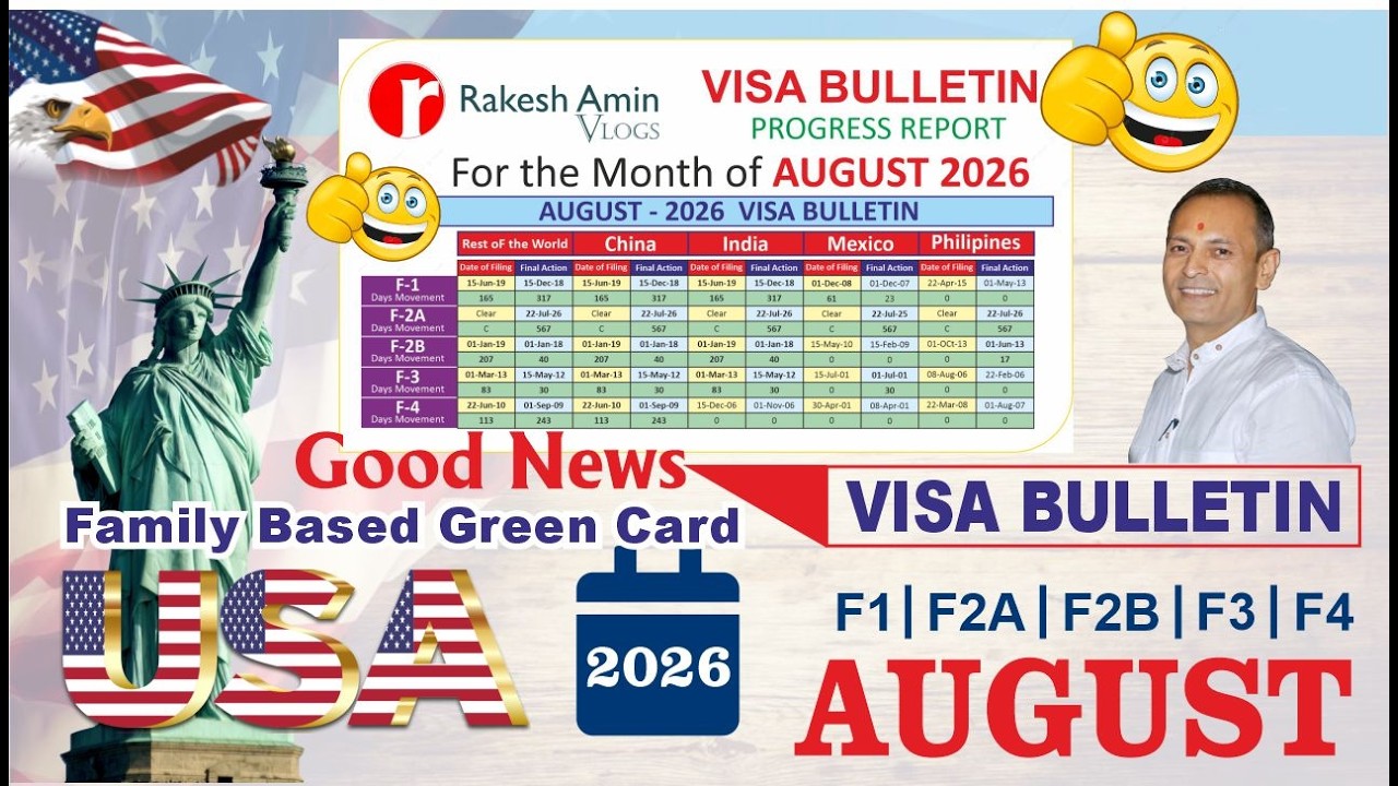 Good News America Visa Bulletin Aug 2026 Family Green Card F1 F2A, F2B F3 F4 USA Visa News Gujarati