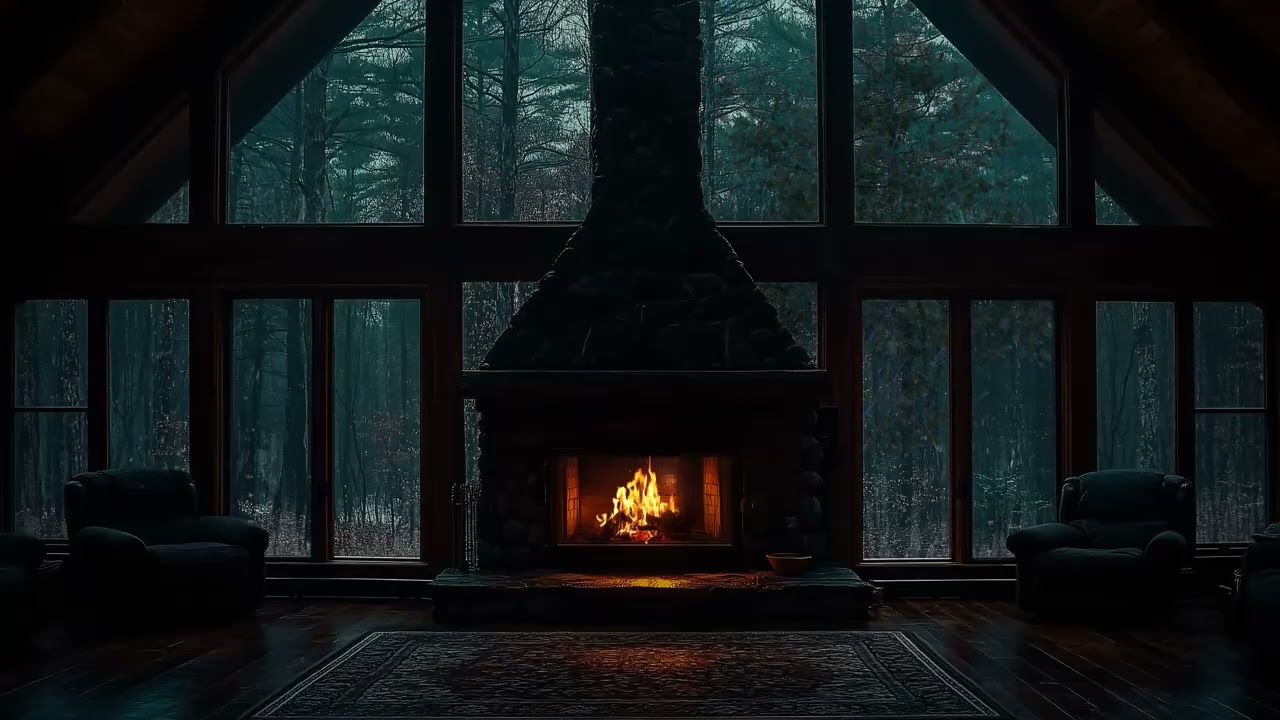 Rain Falling Around a Cozy Glass Room 🌧️🔥 Fireplace Sounds for Deep Sleep & Total Relaxation