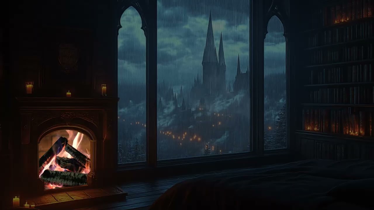 Rain Falling Over the Distant Castle | Cozy Fireplace Bedroom Retreat | Calm Night Ambience