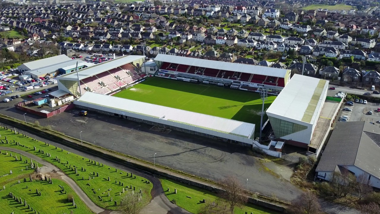 East End Park home of Dunfermline Athletic FC - The Pars. 4K UHD Aerial Drone Footage.