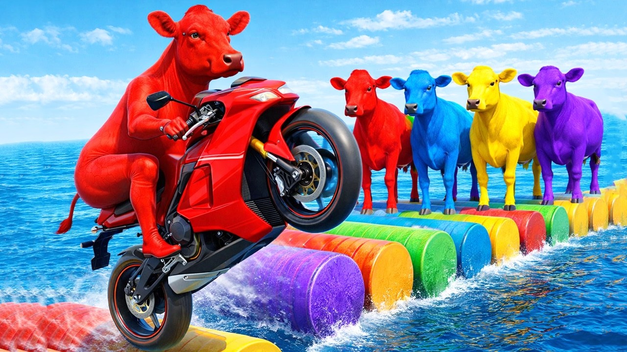 Crazy Cow Hero vs Spider Power Team vs Color Beast Squad in a Massive Bridge Invasion Stunt Animals