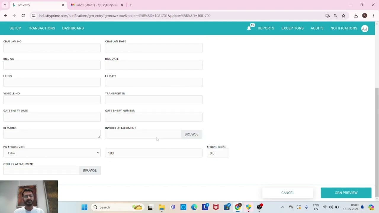 How to Make a GRN (Good Receipt Note) in IndustryPrime Software.