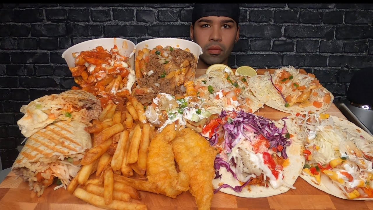 (ASMR) TACOS, FISH & CHIPS, POUTINE, BURRITO, PIEROGIES MUKBANG