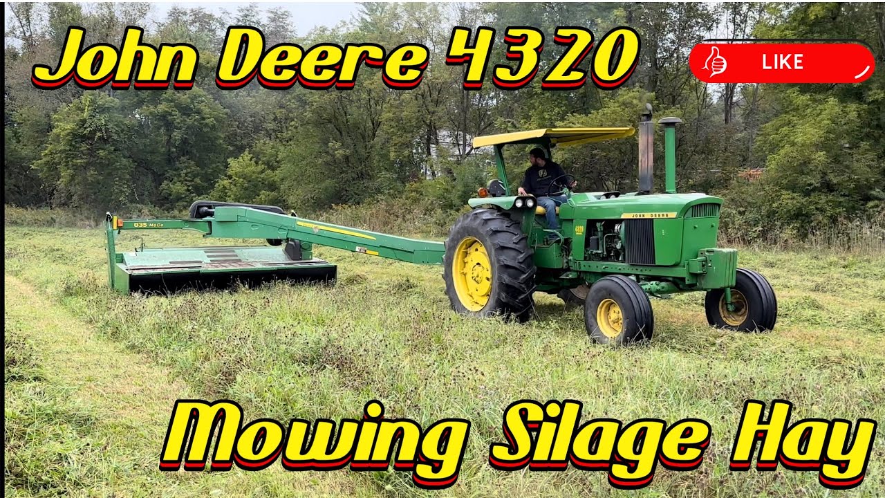 John Deere 4320 mowing Hay Field for Silage