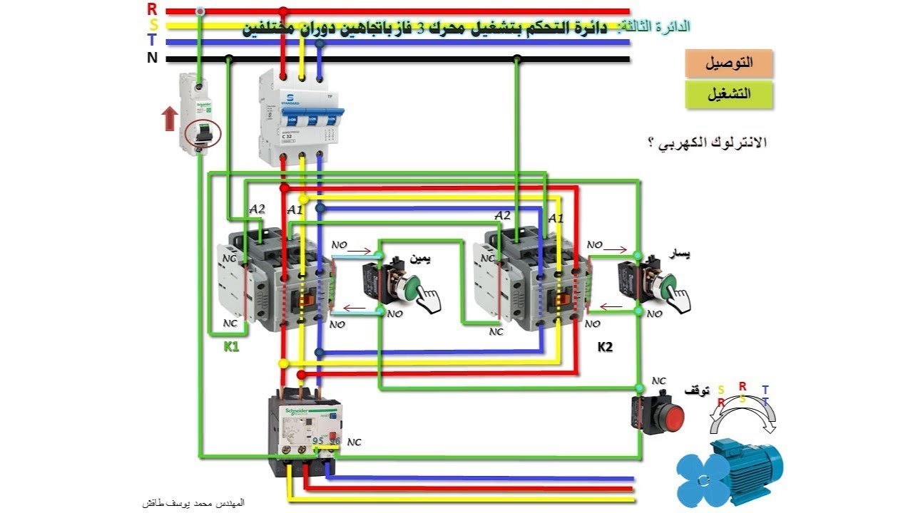 دائرة التحكم بتشغيل محرك ثلاثي الأوجه (3 فاز) باتجاهين دوران مختلفين - التحكم الكهربائي الصناعي