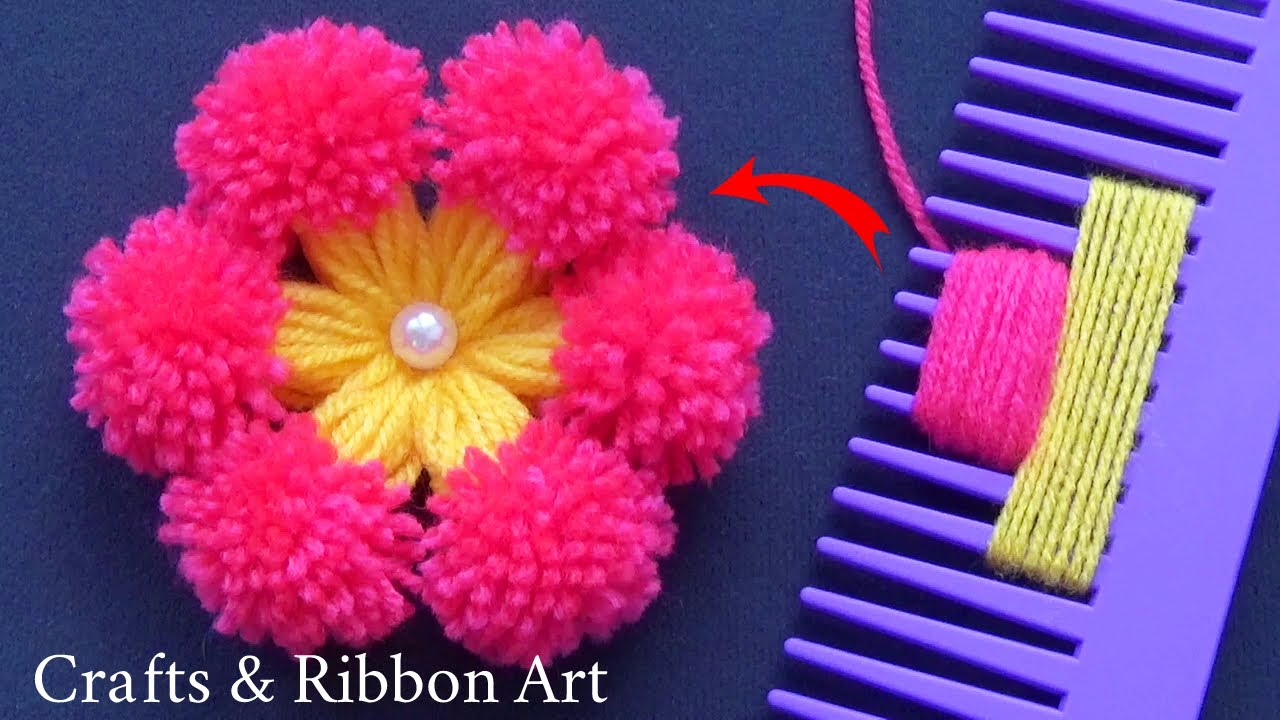 Super Easy Woolen Craft Ideas with Hair Comb - DIY Pom Pom Flower - Hand Embroidery Amazing Trick