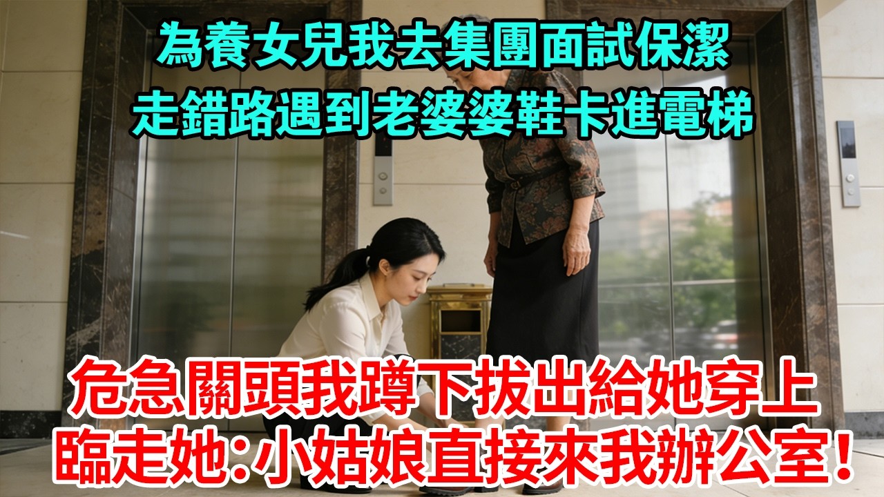 為養女兒我去集團面試保潔走錯路遇到老婆婆鞋卡進電梯危急關頭我蹲下拔出給她穿上臨走她：小姑娘直接來我辦公室！#為人處世#生活經驗#情感#故事#正能量