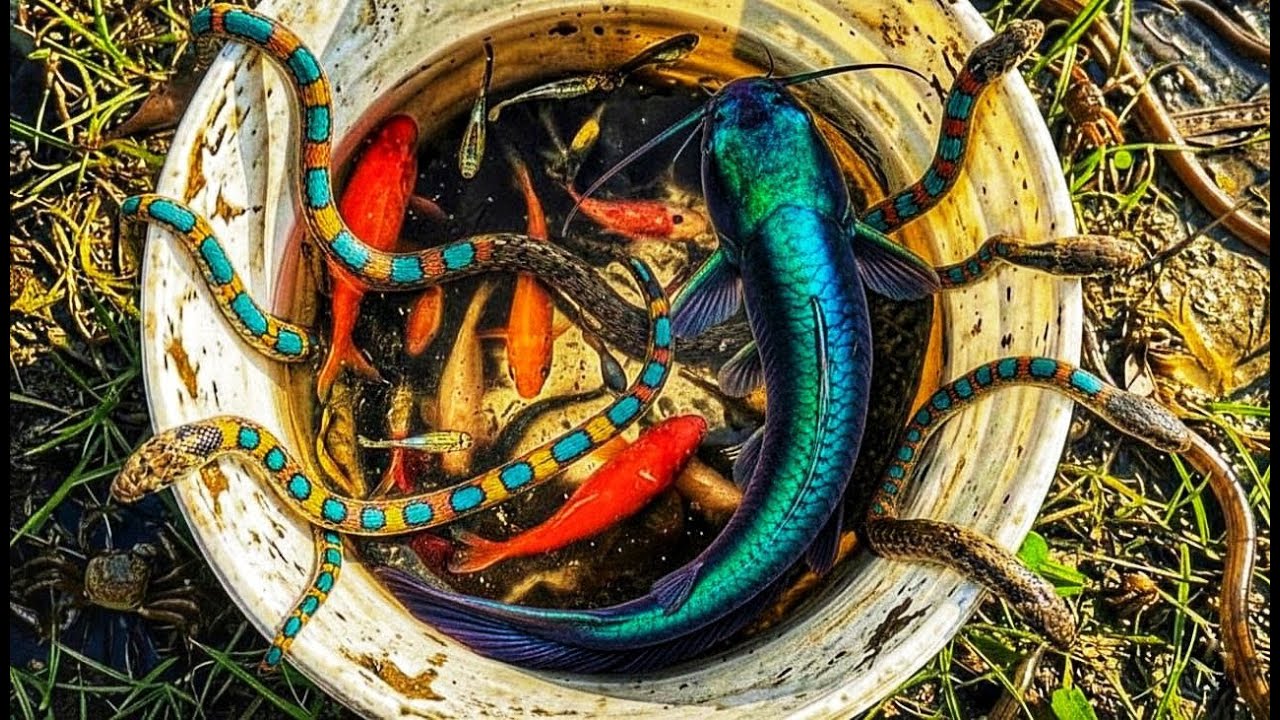 Catching Beautiful Aquarium Fish in a Small Pond | Betta, Goldfish & Crabs #fishing #goldfish #wild