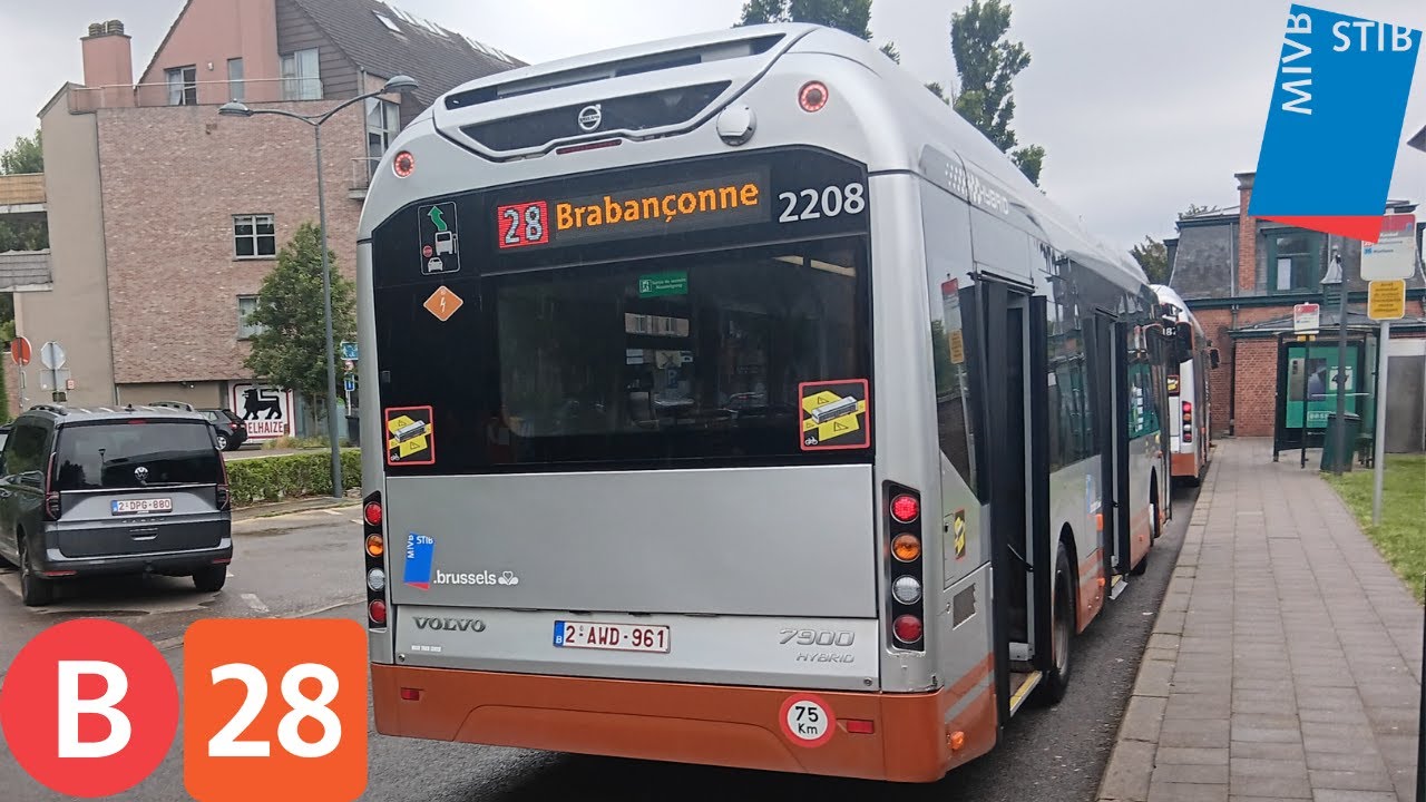 (Bus Stib) Voyage complet ligne 28 Brabançonne à Konkel Volvo 7900 Hybrid n°2208.