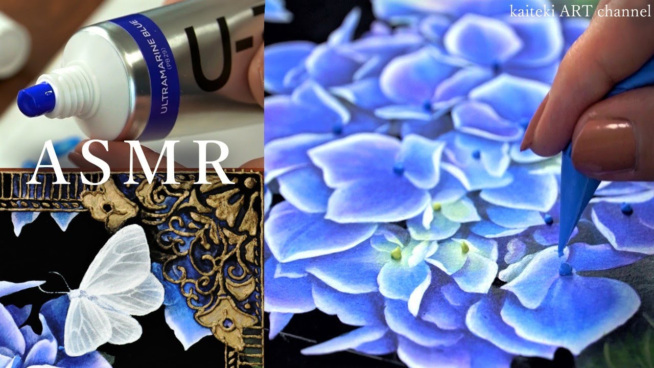 【ASMR】アクリル絵の具で紫陽花の絵を描く音☔雨音も　Acrylic Painting, Sketching ✾ hydrangeas ✾ piping bag