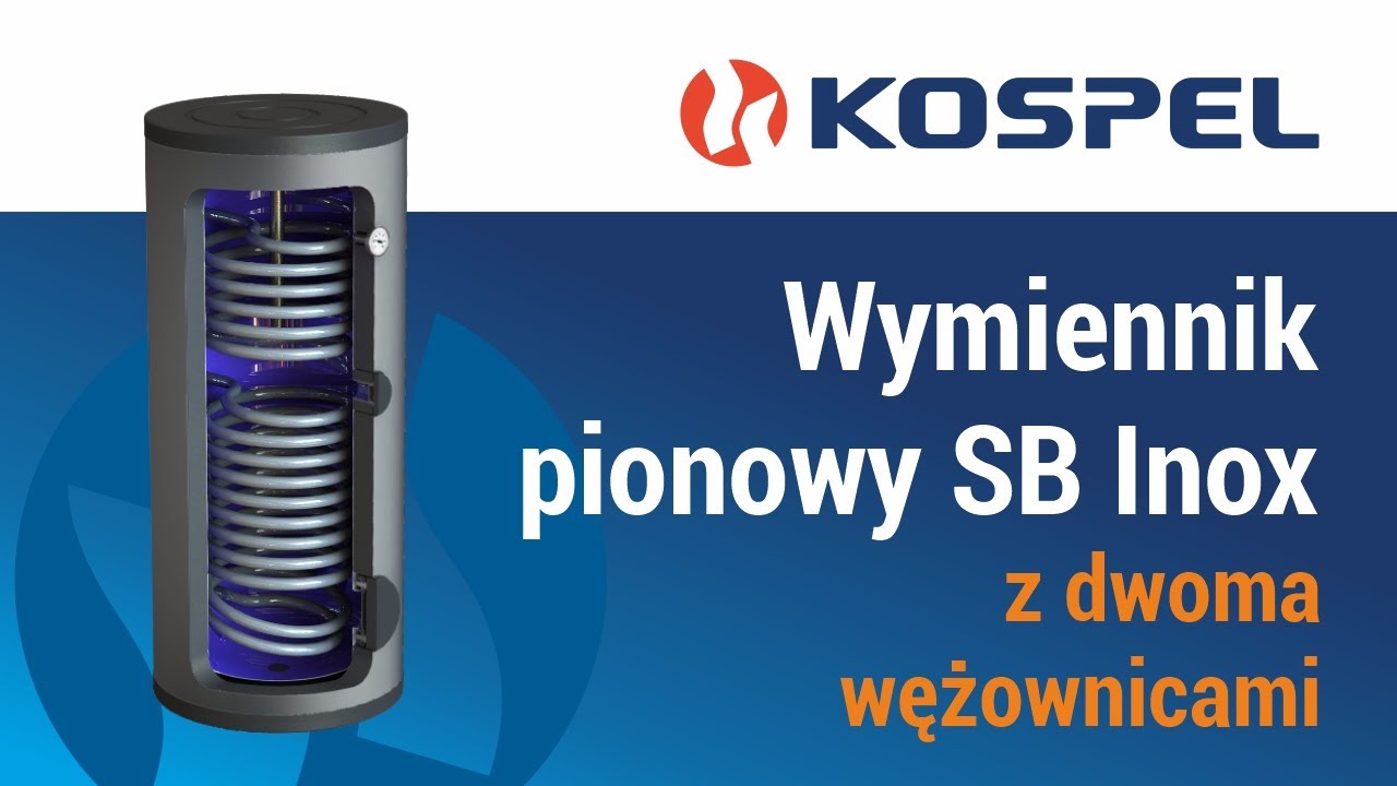 Wymiennik pionowy SB.Inox firmy Kospel S.A. wykonany ze stali nierdzewnej, z dwoma wężownicami.