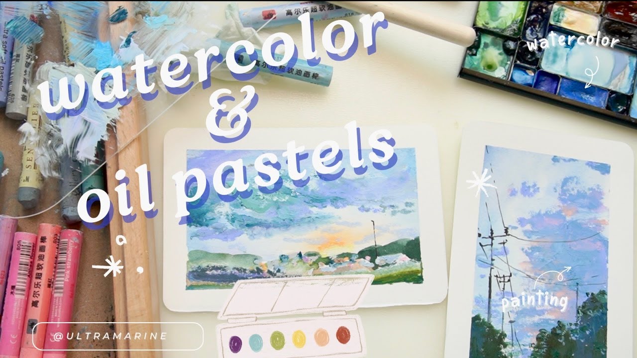 Watercolor & oil pastel mixed media painting 🎨sunset sky🌤urban landscapes⎮no music⎮