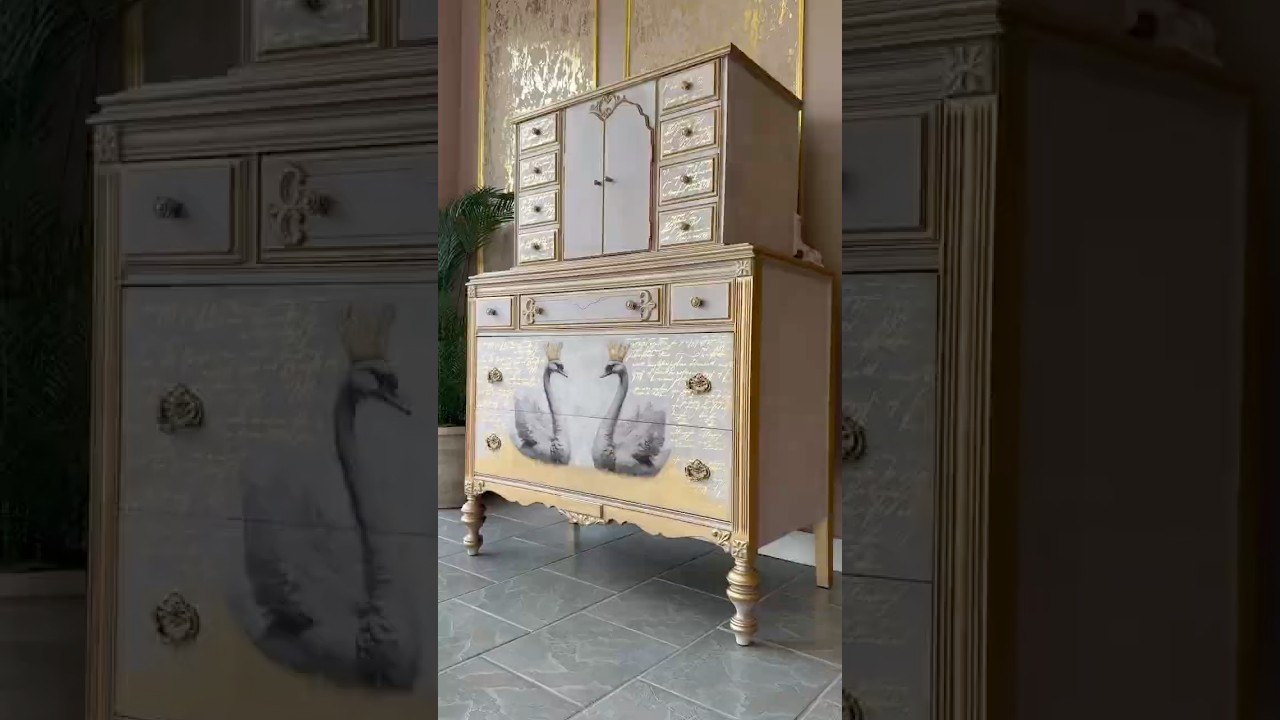 Romantic Swan Furniture Makeover By Kacha | Decoupage Fiber & Foil Transfers