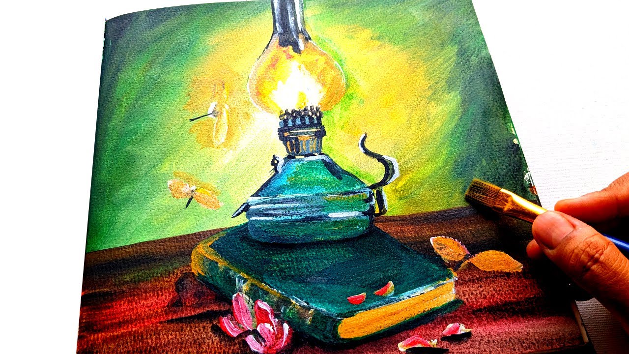 Oil Lamp with a Book | Still life - Acrylic painting for beginners
