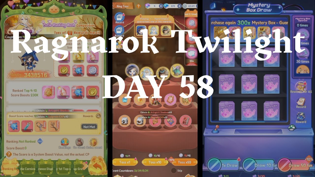 Ragnarok Twilight Day 58 | Cutie Ranking Rush | Ring toss | Mystery Box Draw Event